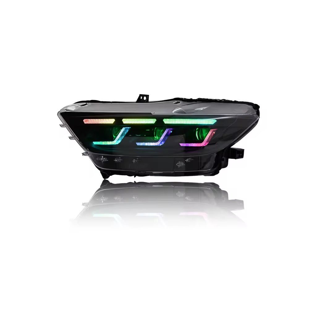 Ford Mustang S550 (2015–2017) – Colorful RGB Front Headlight Assembly w/ Triple Beam Lens - Exotics Carbon Design