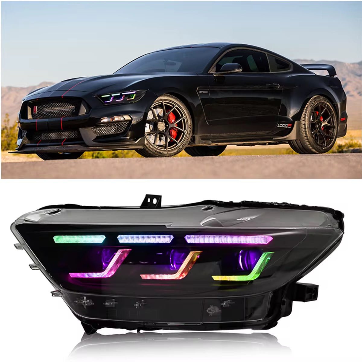 Ford Mustang S550 (2015–2017) – Colorful RGB Front Headlight Assembly w/ Triple Beam Lens - Exotics Carbon Design
