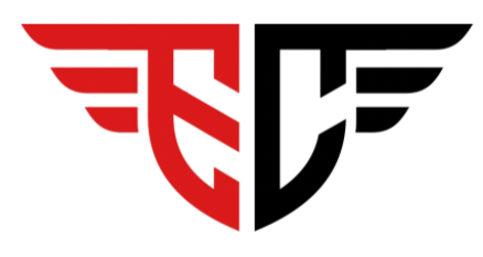 Red and black logo with wings on a white background