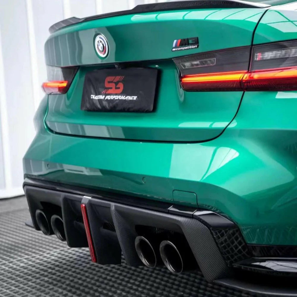 2 IN 1 AE STYLE CARBON FIBER LED REAR DIFFUSER AND SPLITTERS - BMW G80 M3 | G82 M4 - Exotics Carbon Design