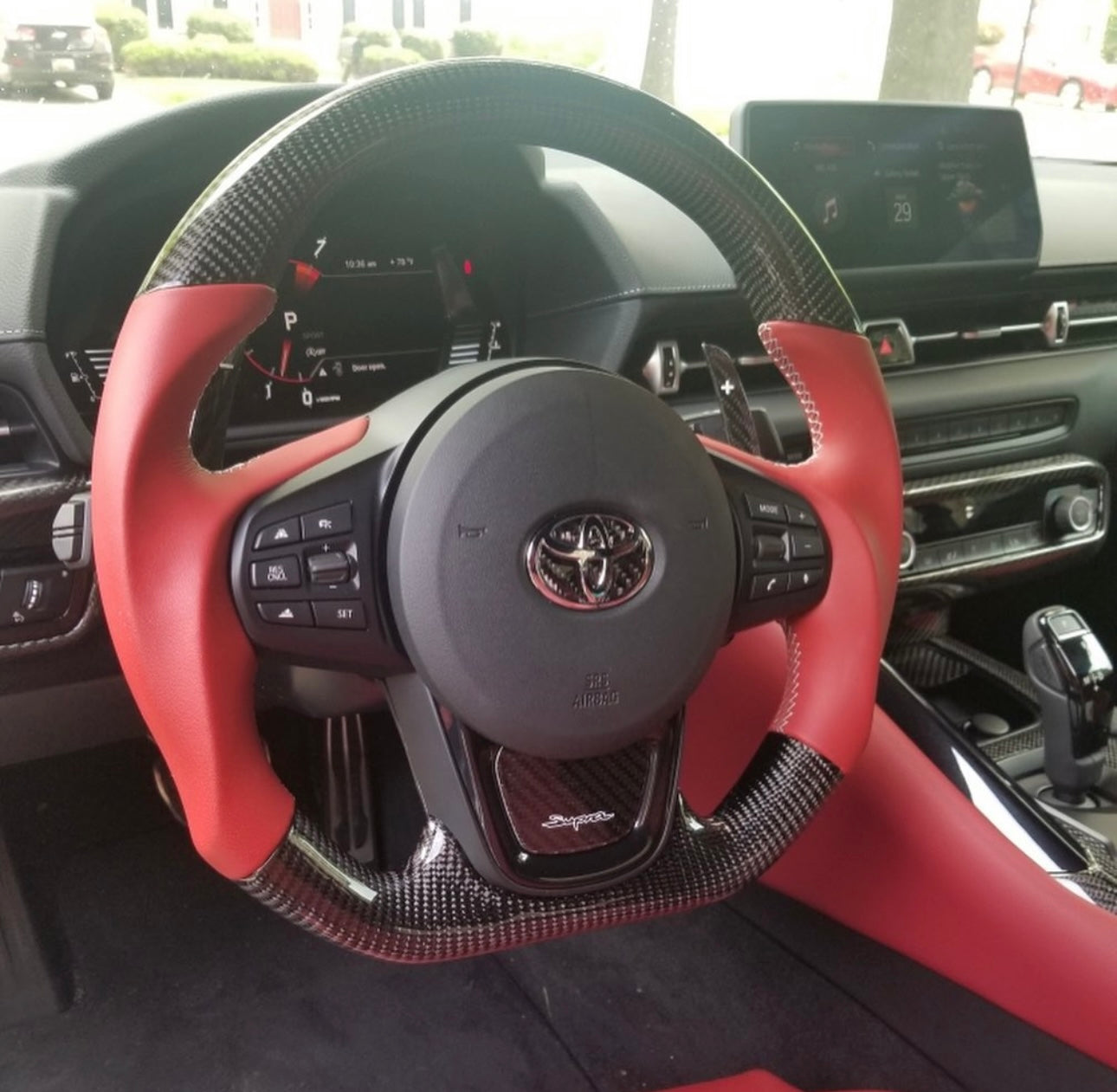 Carbon Fiber & Red Leather Steering Wheel - Toyota GR Supra A90 / A91 (2020–2025) - Exotics Carbon Design