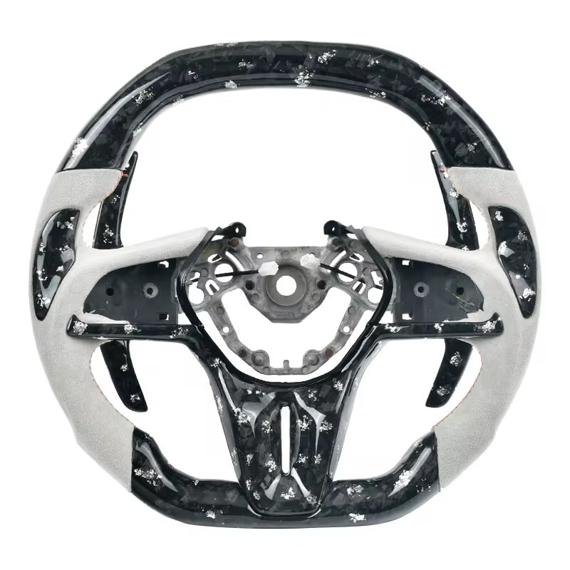 TDD-Style Forged Carbon Steering Wheel Flat Bottom & White Grips for Nissan GTR R35 (2017–2020) - Exotics Carbon Design