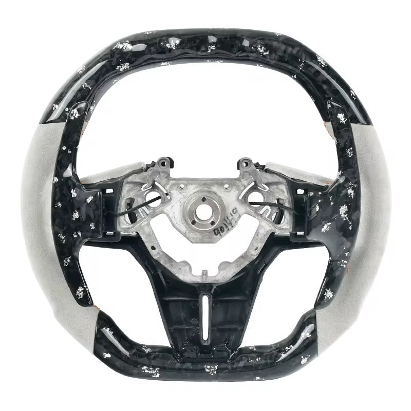 TDD-Style Forged Carbon Steering Wheel Flat Bottom & White Grips for Nissan GTR R35 (2017–2020) - Exotics Carbon Design