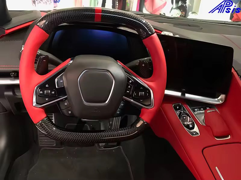 Carbon Fiber Steering Wheel with Red Leather – Chevrolet Corvette C8 (2020–2024) - Exotics Carbon Design