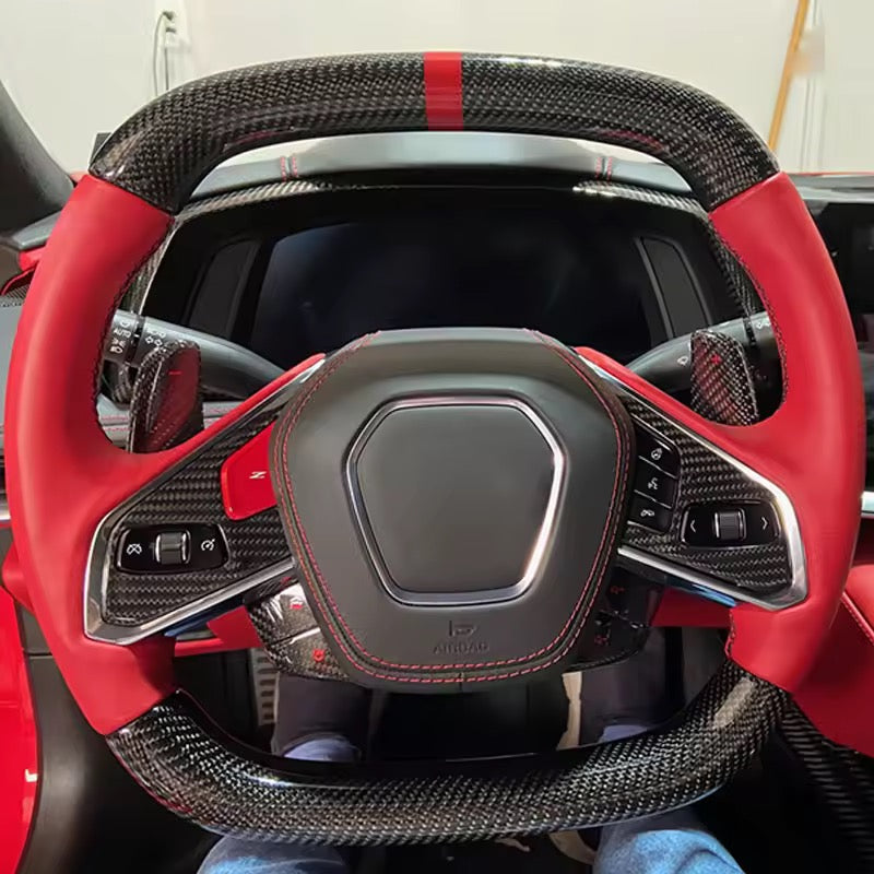Carbon Fiber Steering Wheel with Red Leather – Chevrolet Corvette C8 (2020–2024) - Exotics Carbon Design