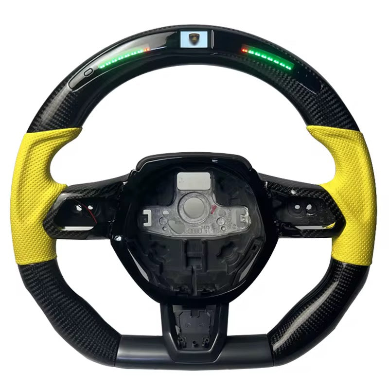 Carbon Fiber LED Steering Wheel with Yellow Leather – Lamborghini Huracán LP580-2 / LP610-4 - Exotics Carbon Design