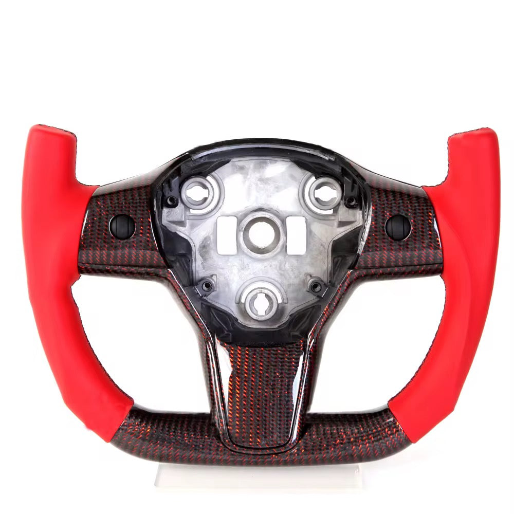 Red Carbon Fiber F1-Style Steering Wheel with Red Leather – Tesla Model Y (2020–2023) - Exotics Carbon Design