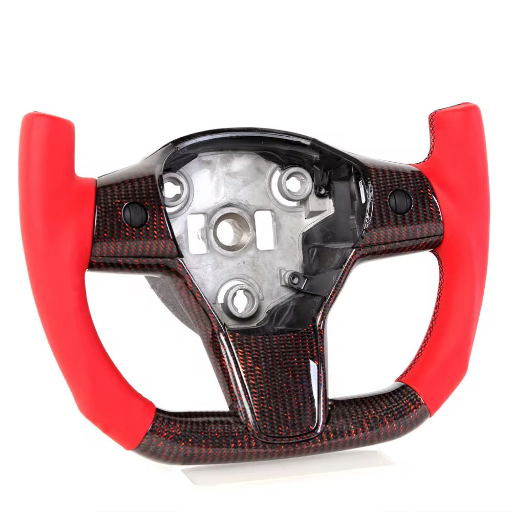 Red Carbon Fiber F1-Style Steering Wheel with Red Leather – Tesla Model Y (2020–2023) - Exotics Carbon Design