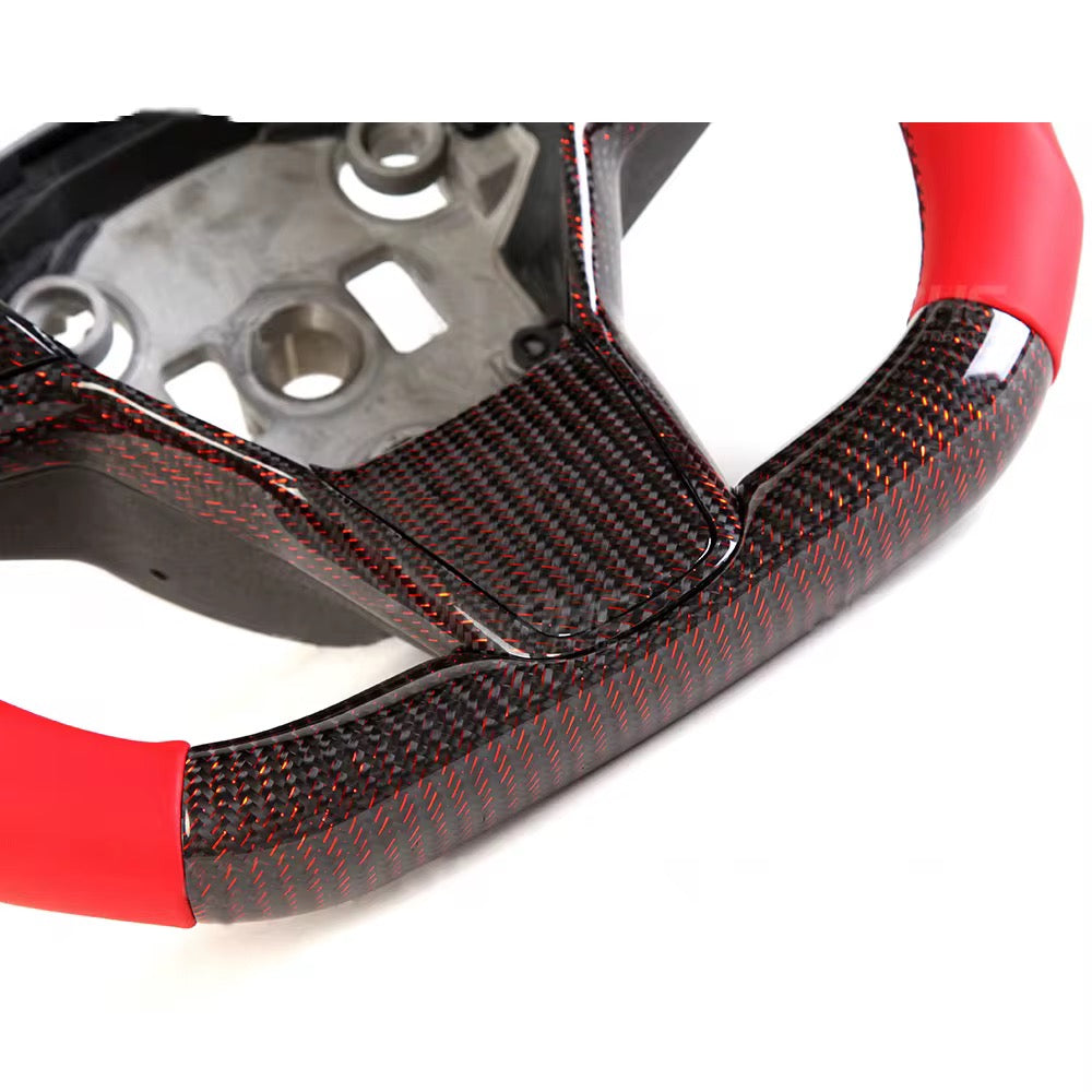 Red Carbon Fiber F1-Style Steering Wheel with Red Leather – Tesla Model Y (2020–2023) - Exotics Carbon Design