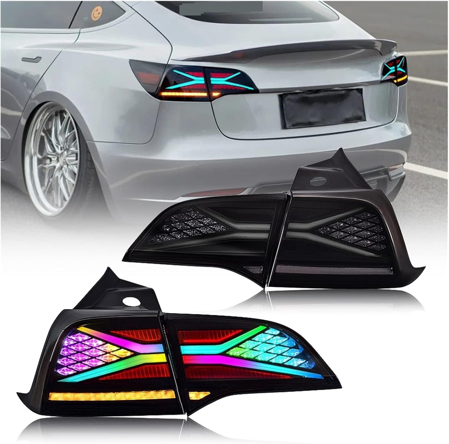 RGB X-Shaped Colorful LED Taillights – Tesla Model 3 (2018–2022) - Exotics Carbon Design