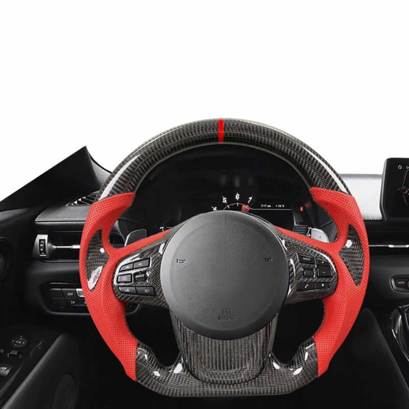 Carbon Fiber & Red Leather Steering Wheel - Toyota GR Supra A90 / A91 (2020–2025) - Exotics Carbon Design
