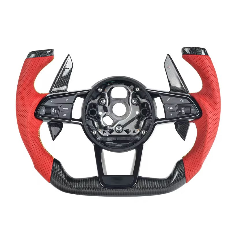 F1-Style Carbon Fiber & Red Leather Steering Wheel – Audi R8 Gen 2 (2016–2019) - Exotics Carbon Design