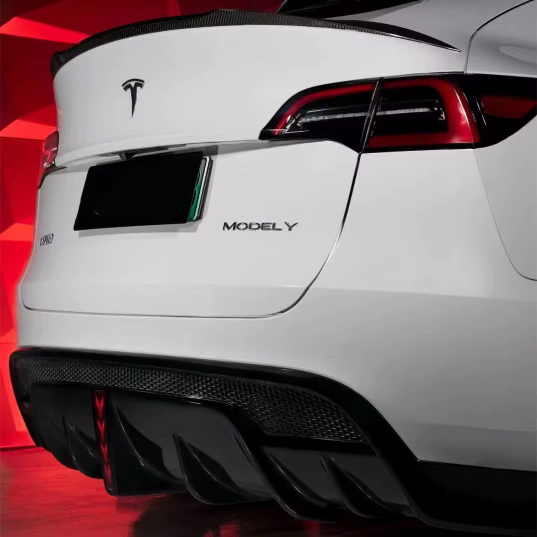 (2019+) Tesla Model Y - Carbon Fiber Rear Diffuser with Y-Shaped Brake Light - Exotics Carbon Design