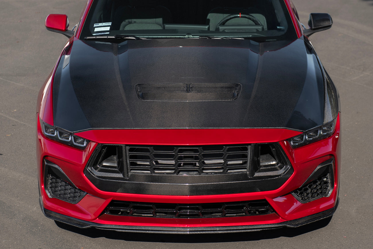 AR Style Carbon Fiber Vented Front Hood – Ford Mustang (2024+) - Exotics Carbon Design