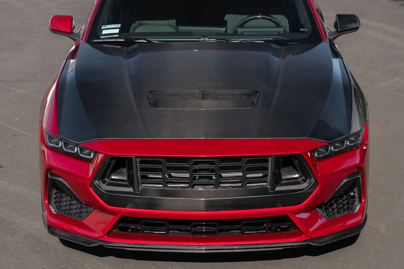 AR Style Carbon Fiber Vented Front Hood – Ford Mustang (2024+) - Exotics Carbon Design