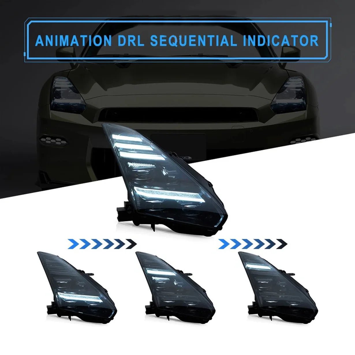 Dynamic Sequential LED Projector Headlights - Fits Nissan GT - R R35 2008 - 2023 - Exotics Carbon Design