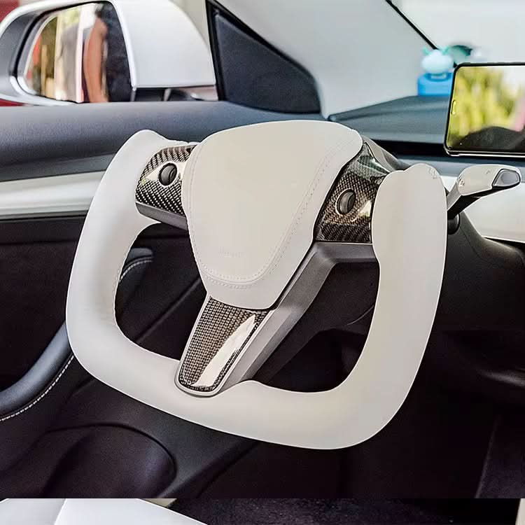 F1 - Style Carbon Fiber Steering Wheel with White Leather – Tesla Model 3 / Model Y (2017 - 2023) - Exotics Carbon Design