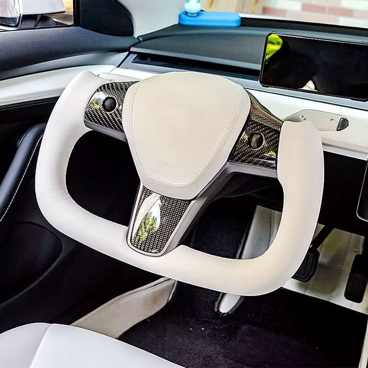 F1 - Style Carbon Fiber Steering Wheel with White Leather – Tesla Model 3 / Model Y (2017 - 2023) - Exotics Carbon Design