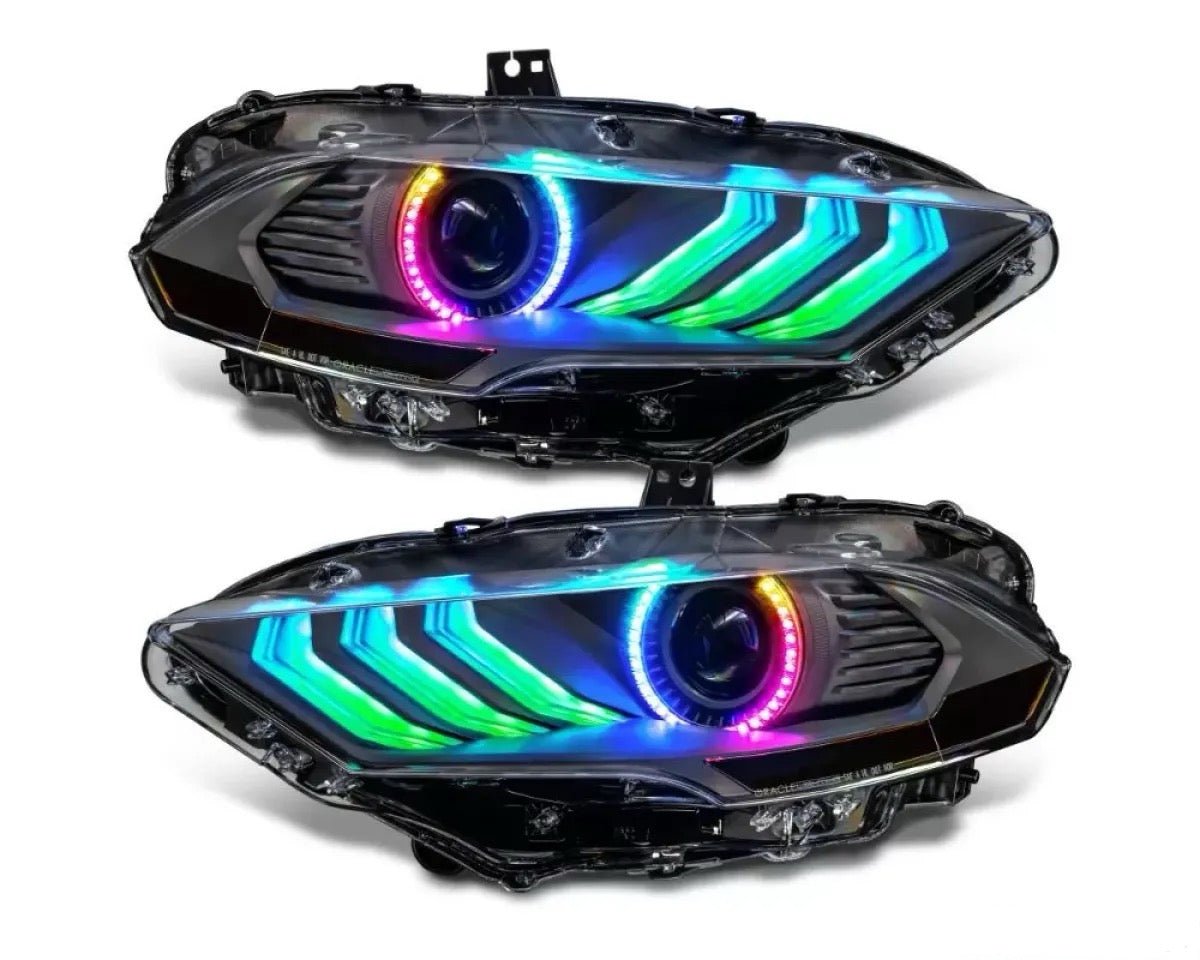 Ford Mustang (2018–2023) – RGB DRL ColorSHIFT LED Headlights w/ Sequential Turn Signal - Exotics Carbon Design