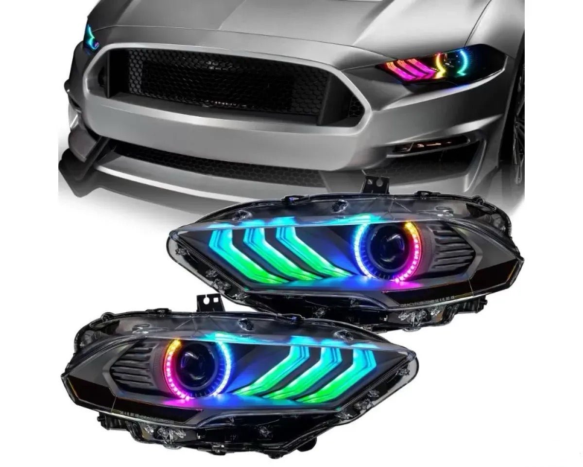 Ford Mustang (2018–2023) – RGB DRL ColorSHIFT LED Headlights w/ Sequential Turn Signal - Exotics Carbon Design