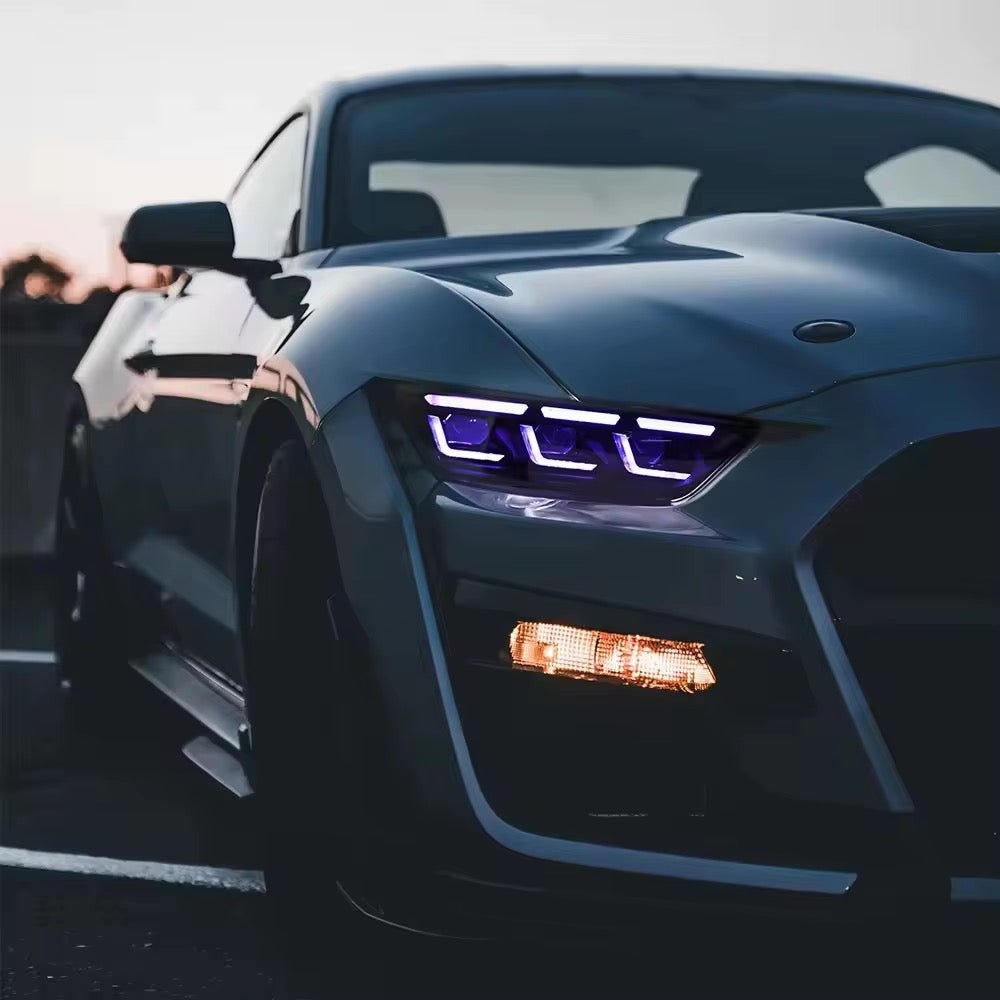 Ford Mustang S550 (2015–2017) – Colorful RGB Front Headlight Assembly w/ Triple Beam Lens - Exotics Carbon Design