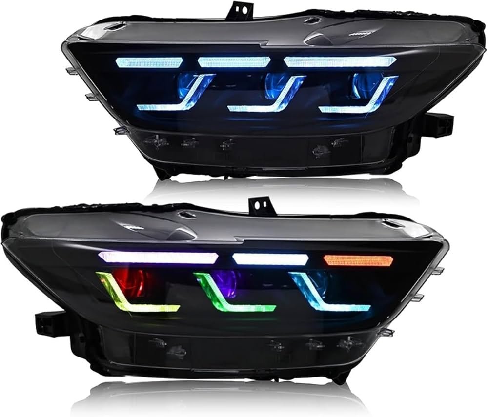 Ford Mustang S550 (2015–2017) – Colorful RGB Front Headlight Assembly w/ Triple Beam Lens - Exotics Carbon Design