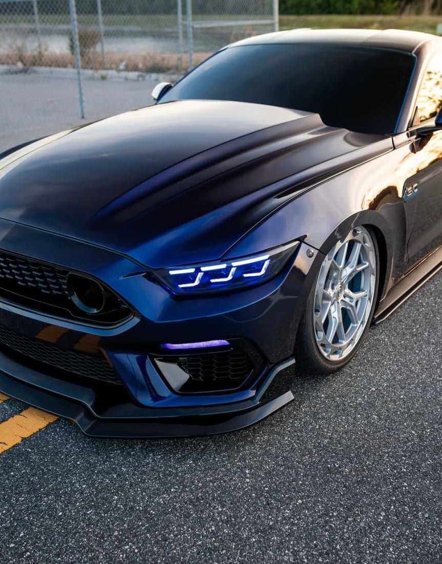 Ford Mustang S550 (2015–2017) – Colorful RGB Front Headlight Assembly w/ Triple Beam Lens - Exotics Carbon Design