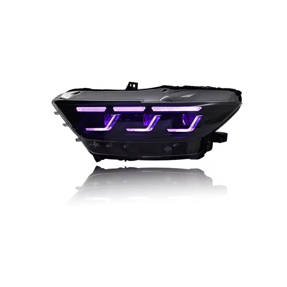 Ford Mustang S550 (2015–2017) – Colorful RGB Front Headlight Assembly w/ Triple Beam Lens - Exotics Carbon Design