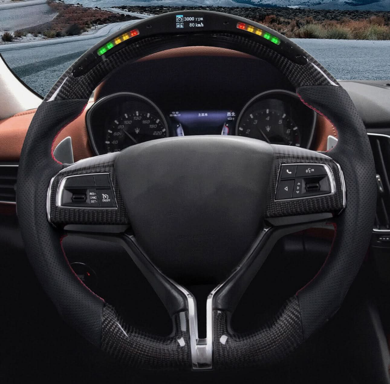 LED Carbon Fiber & Leather Steering Wheel - Maserati Ghibli (2014–2022) - Exotics Carbon Design