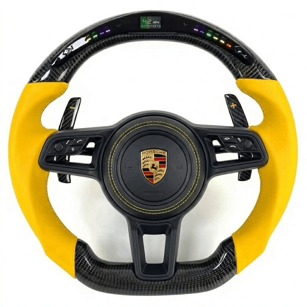 Porsche 911 (991.2) & Porsche 718 Custom Yellow Leather & Carbon Fiber Steering Wheel - Exotics Carbon Design