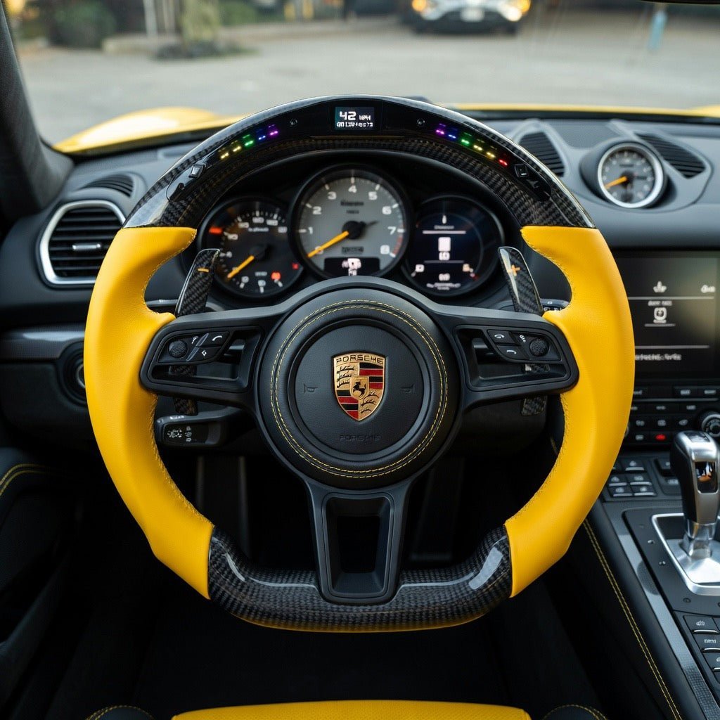 Porsche 911 (991.2) & Porsche 718 Custom Yellow Leather & Carbon Fiber Steering Wheel - Exotics Carbon Design