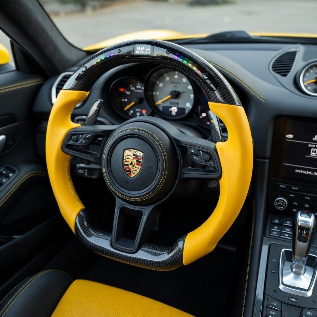 Porsche 911 (991.2) & Porsche 718 Custom Yellow Leather & Carbon Fiber Steering Wheel - Exotics Carbon Design