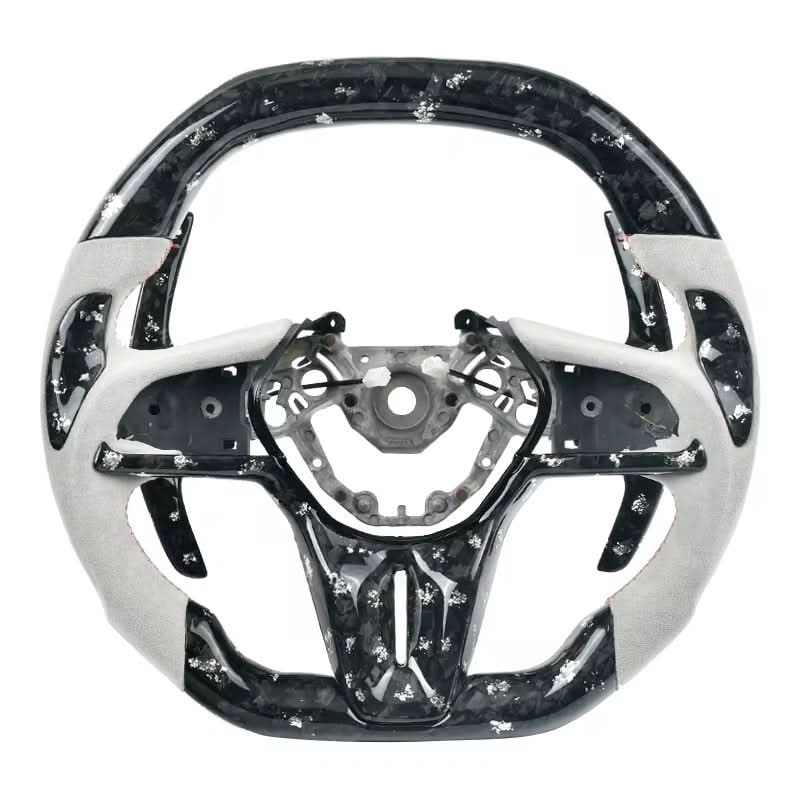 TDD-Style Forged Carbon Steering Wheel Flat Bottom & White Grips for Nissan GTR R35 (2017–2020) - Exotics Carbon Design